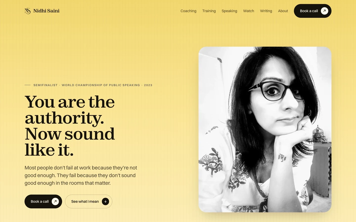 The rebuilt homepage concept: a confident serif headline, a real portrait, a clear booking action