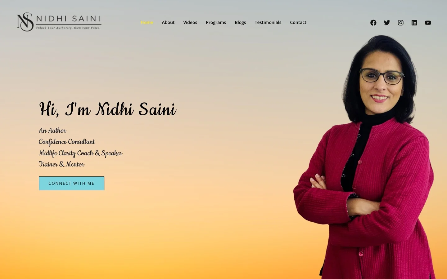 Nidhi Saini’s website as inherited: cursive script, four competing job titles, no clear action