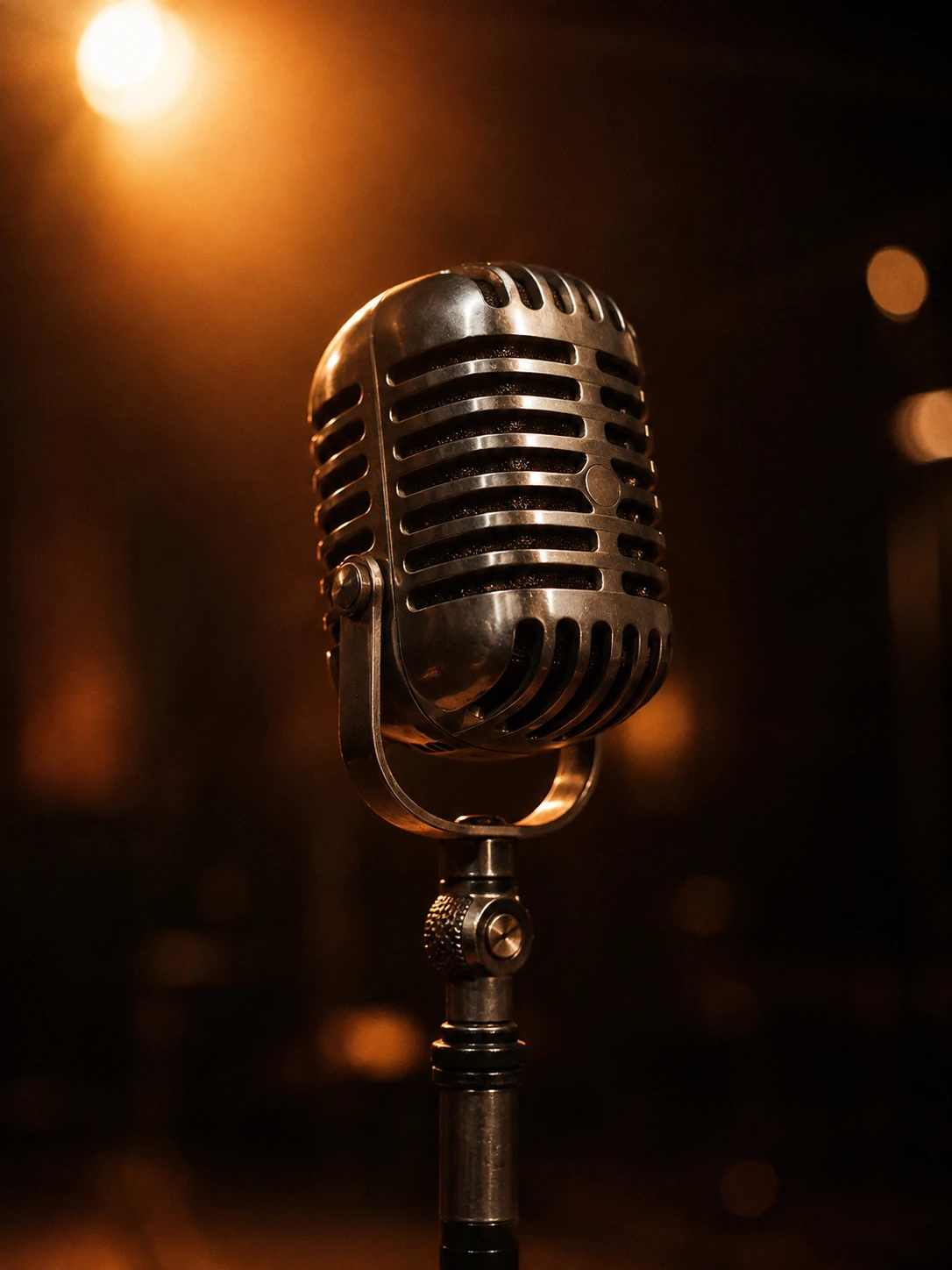 A vintage stage microphone under warm amber light